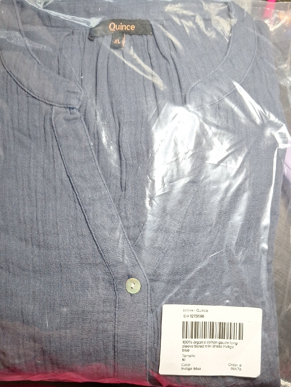 Quince 100% Organic Cotton Gauze Long Sleeve Tiered Mini Dress Blue XL NWOT - Picture 3 of 4